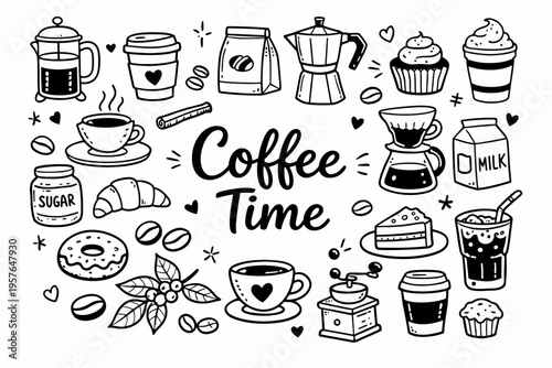 Coffee time doodle illustration in black and white hand drawn outline style with coffee beans, cup, moka pot and cafe elements