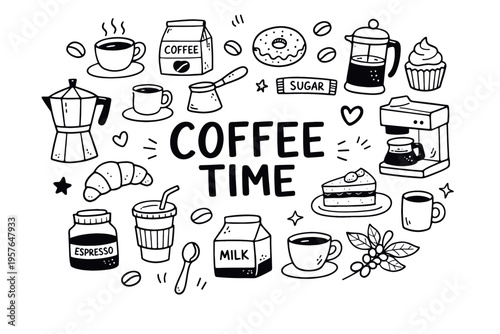 Coffee time doodle illustration in black and white hand drawn outline style with coffee beans, cup, moka pot and cafe elements