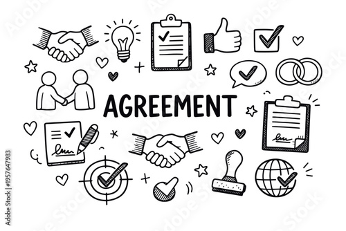 Agreement doodle illustration in black and white hand drawn outline style with contract, handshake, approval and business deal elements