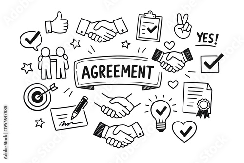 Agreement doodle illustration in black and white hand drawn outline style with contract, handshake, approval and business deal elements