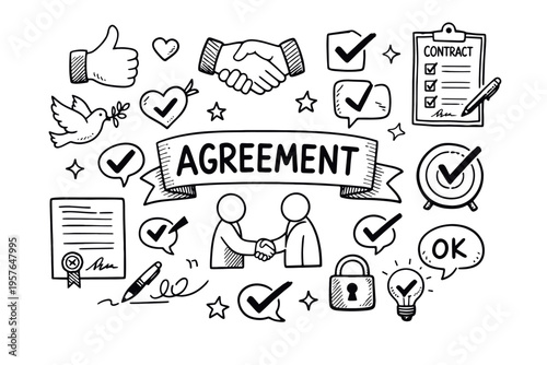 Agreement doodle illustration in black and white hand drawn outline style with contract, handshake, approval and business deal elements