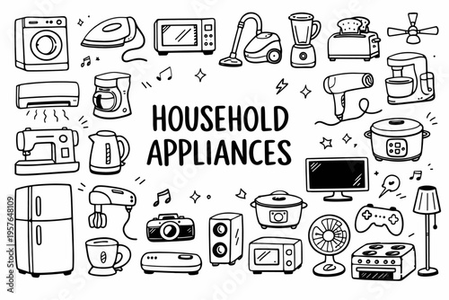 Household appliances doodle illustration in black and white hand drawn outline style with home electronics and kitchen equipment elements