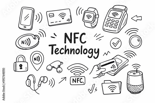 nfc technology doodle illustration in black and white hand drawn outline style with contactless payment and smart device elements