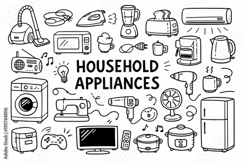 Household appliances doodle illustration in black and white hand drawn outline style with home electronics and kitchen equipment elements
