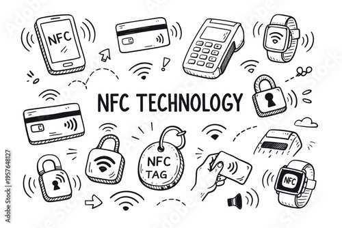 nfc technology doodle illustration in black and white hand drawn outline style with contactless payment and smart device elements