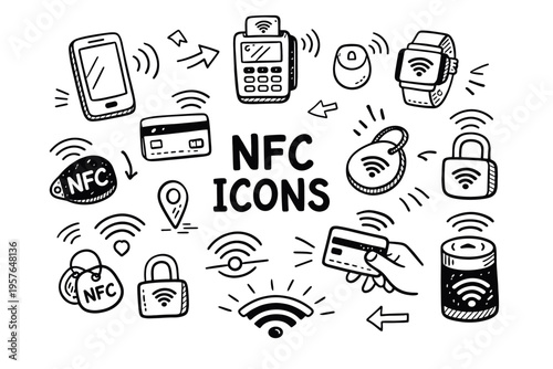 nfc technology doodle illustration in black and white hand drawn outline style with contactless payment and smart device elements