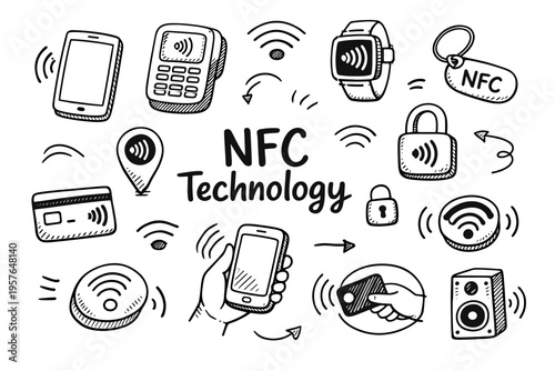nfc technology doodle illustration in black and white hand drawn outline style with contactless payment and smart device elements