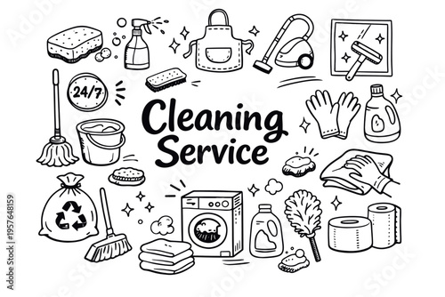 Cleaning service doodle illustration in black and white hand drawn outline style with house cleaning tools and hygiene elements