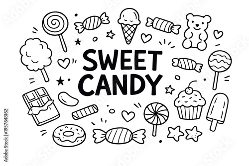 Sweet candy doodle illustration in black and white hand drawn outline style with lollipop, chocolate and dessert elements