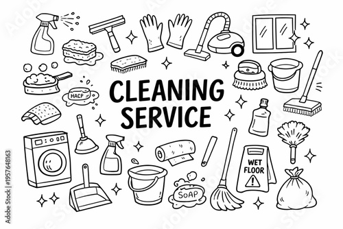 Cleaning service doodle illustration in black and white hand drawn outline style with house cleaning tools and hygiene elements