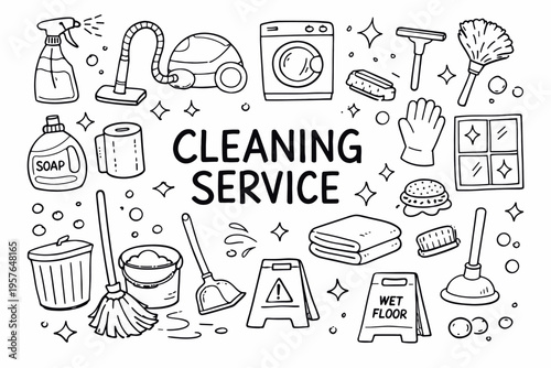 Cleaning service doodle illustration in black and white hand drawn outline style with house cleaning tools and hygiene elements