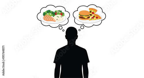 Man thinking about healthy food versus junk food, dilemma between nutritious meal and tasty burger, silhouette of person with thoughts of salad and hamburger