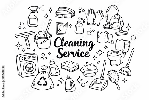 Cleaning service doodle illustration in black and white hand drawn outline style with house cleaning tools and hygiene elements