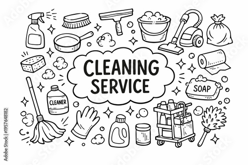 Cleaning service doodle illustration in black and white hand drawn outline style with house cleaning tools and hygiene elements