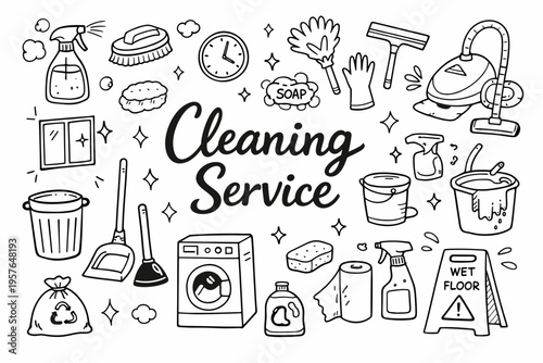 Cleaning service doodle illustration in black and white hand drawn outline style with house cleaning tools and hygiene elements
