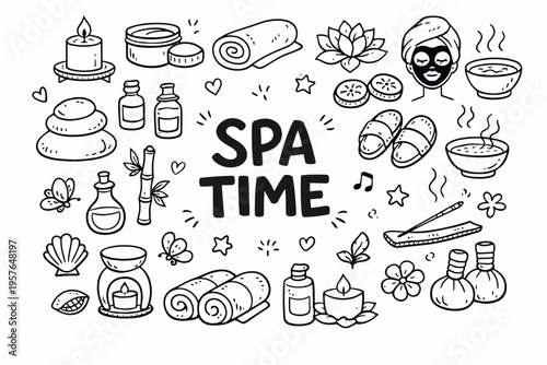 Spa doodle illustration in black and white hand drawn outline style with wellness, relaxation and beauty treatment elements