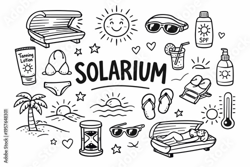Solarium doodle illustration in black and white hand drawn outline style with tanning bed, sun care and summer relaxation elements
