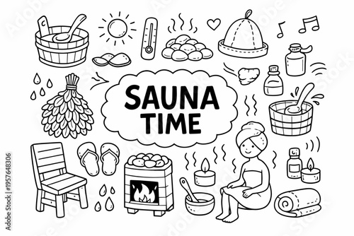 Sauna doodle illustration in black and white hand drawn outline style with steam bath, relaxation and wellness elements