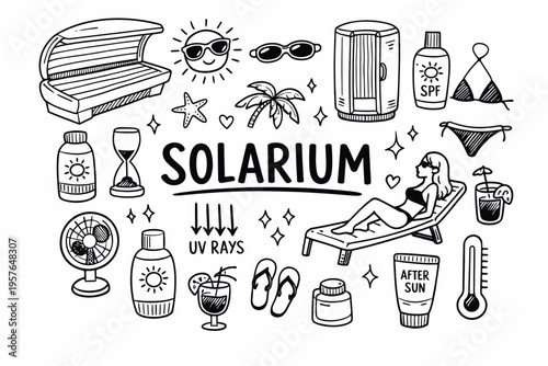 Solarium doodle illustration in black and white hand drawn outline style with tanning bed, sun care and summer relaxation elements