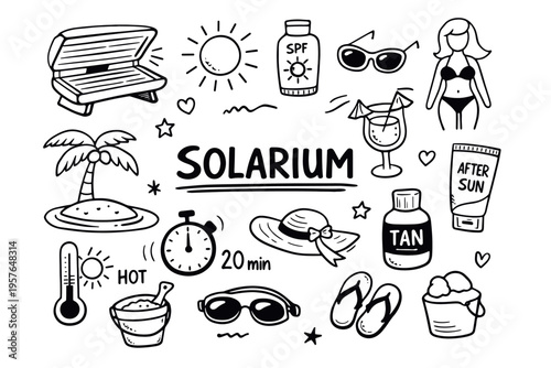 Solarium doodle illustration in black and white hand drawn outline style with tanning bed, sun care and summer relaxation elements