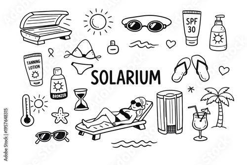 Solarium doodle illustration in black and white hand drawn outline style with tanning bed, sun care and summer relaxation elements