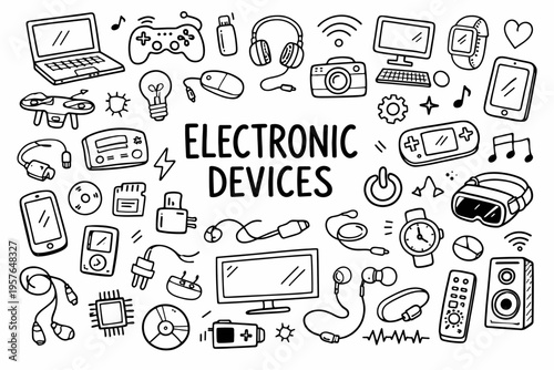 Electronic elements doodle illustration in black and white hand drawn outline style with gadgets, cables and digital devices