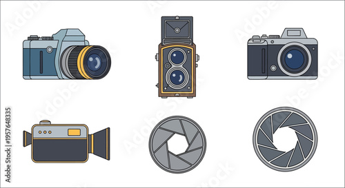 Collection of vintage and modern camera equipment illustrated in a flat design