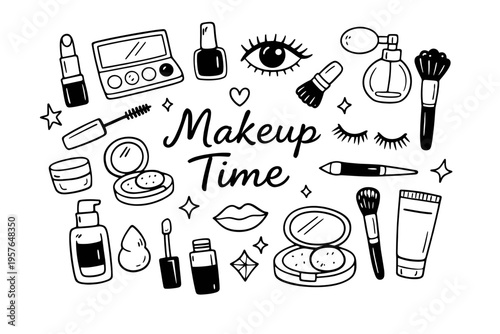 Makeup beauty doodle illustration in black and white hand drawn outline style with cosmetic products and beauty care elements