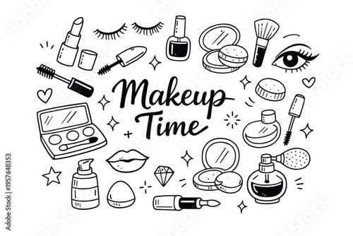 Makeup beauty doodle illustration in black and white hand drawn outline style with cosmetic products and beauty care elements