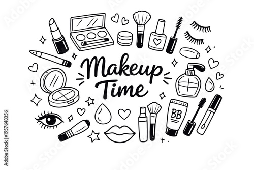 Makeup beauty doodle illustration in black and white hand drawn outline style with cosmetic products and beauty care elements