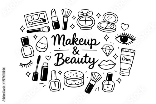 Makeup beauty doodle illustration in black and white hand drawn outline style with cosmetic products and beauty care elements