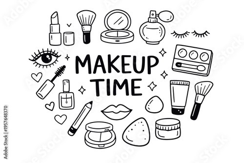Makeup beauty doodle illustration in black and white hand drawn outline style with cosmetic products and beauty care elements