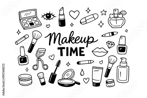 Makeup beauty doodle illustration in black and white hand drawn outline style with cosmetic products and beauty care elements