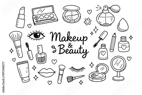 Makeup beauty doodle illustration in black and white hand drawn outline style with cosmetic products and beauty care elements