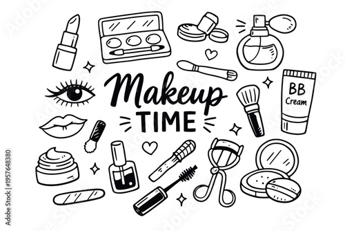 Makeup beauty doodle illustration in black and white hand drawn outline style with cosmetic products and beauty care elements