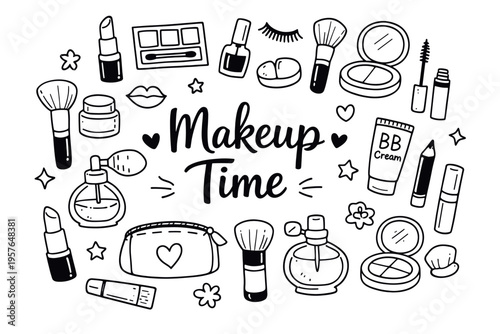 Makeup beauty doodle illustration in black and white hand drawn outline style with cosmetic products and beauty care elements