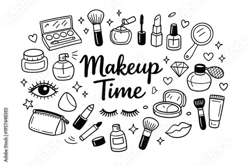 Makeup beauty doodle illustration in black and white hand drawn outline style with cosmetic products and beauty care elements