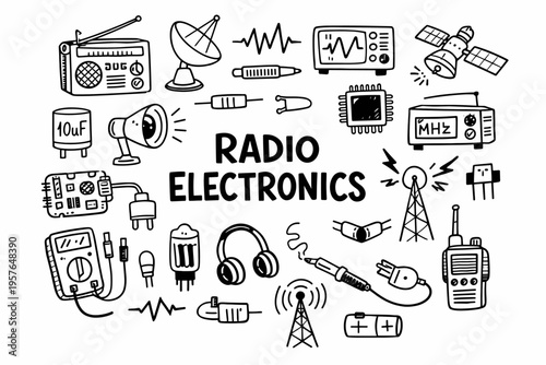 Radio electronics doodle illustration in black and white hand drawn outline style with electronic components and audio technology elements