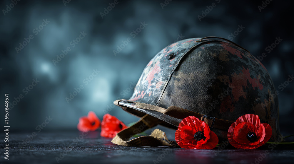 Fototapeta premium Military camouflage helmet embodying remembrance and veteran sacrifice, with vibrant red poppy flowers