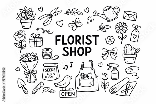 Florist shop doodle illustration in black and white hand drawn outline style with flowers, bouquet wrapping and garden tools