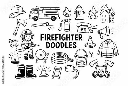 Firefighter doodle illustration in black and white hand drawn outline style with fire rescue equipment and emergency icons