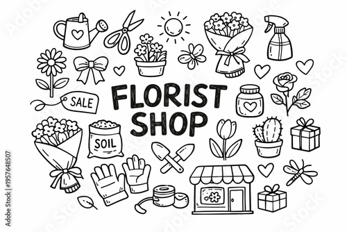 Florist shop doodle illustration in black and white hand drawn outline style with flowers, bouquet wrapping and garden tools