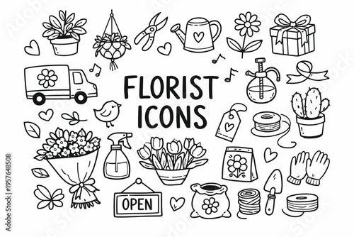 Florist shop doodle illustration in black and white hand drawn outline style with flowers, bouquet wrapping and garden tools