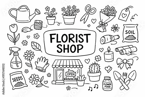 Florist shop doodle illustration in black and white hand drawn outline style with flowers, bouquet wrapping and garden tools