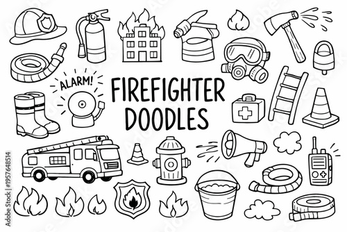 Firefighter doodle illustration in black and white hand drawn outline style with fire rescue equipment and emergency icons