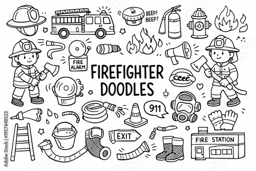 Firefighter doodle illustration in black and white hand drawn outline style with fire rescue equipment and emergency icons