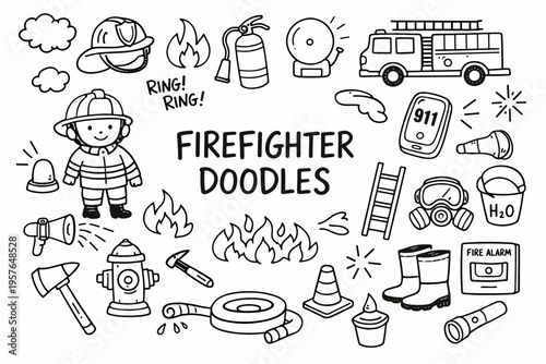 Firefighter doodle illustration in black and white hand drawn outline style with fire rescue equipment and emergency icons