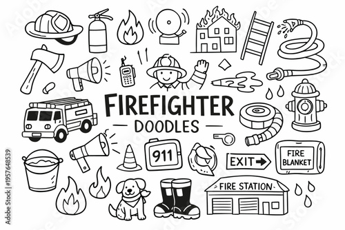 Firefighter doodle illustration in black and white hand drawn outline style with fire rescue equipment and emergency icons