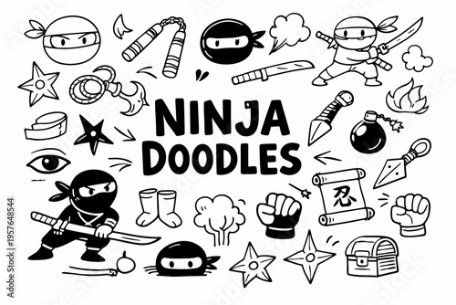 Ninja doodle illustration in black and white hand drawn outline style with stealth warrior weapons and japanese elements