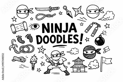 Ninja doodle illustration in black and white hand drawn outline style with stealth warrior weapons and japanese elements